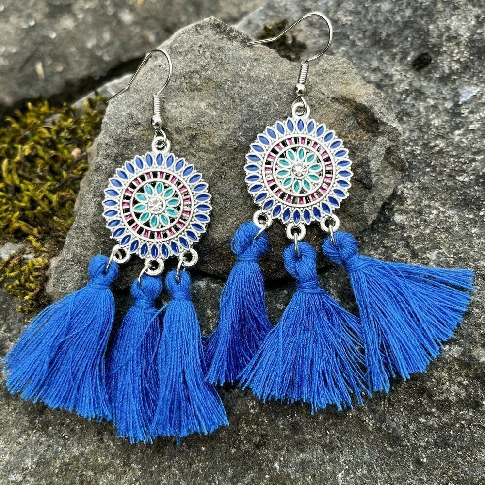 Bohemian Flower Tassel Fringe Drop Earrings Blue - Picture 4 of 4